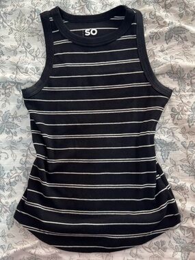 SO Black Ribbed High Neck Tank with White Stripe Detail
